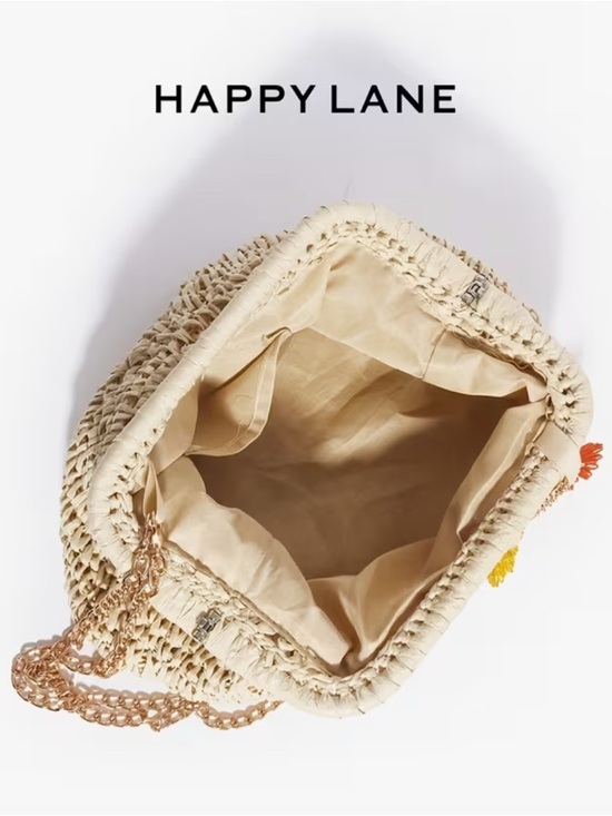 Happy Lane Beige Woven Straw Daisy Flower Clasp Crossbody Bag Gold Chain NWT - Picture 4 of 9